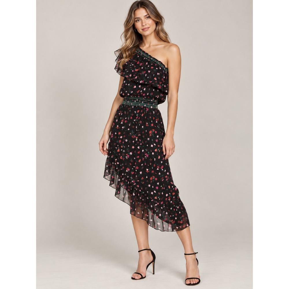 Joie Hafsa Floral Silk Cottagecore Boho One Shoulder Asymmetrical Ruffle Dress S